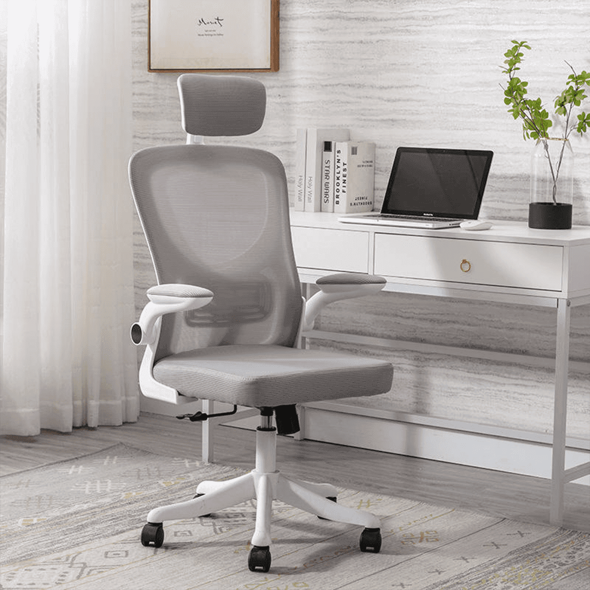 Silla De Escritorio Ejecutiva Con Brazos En Tela Color Blanca Con Gris 1 Silla de escritorio ejecutiva con brazos en tela